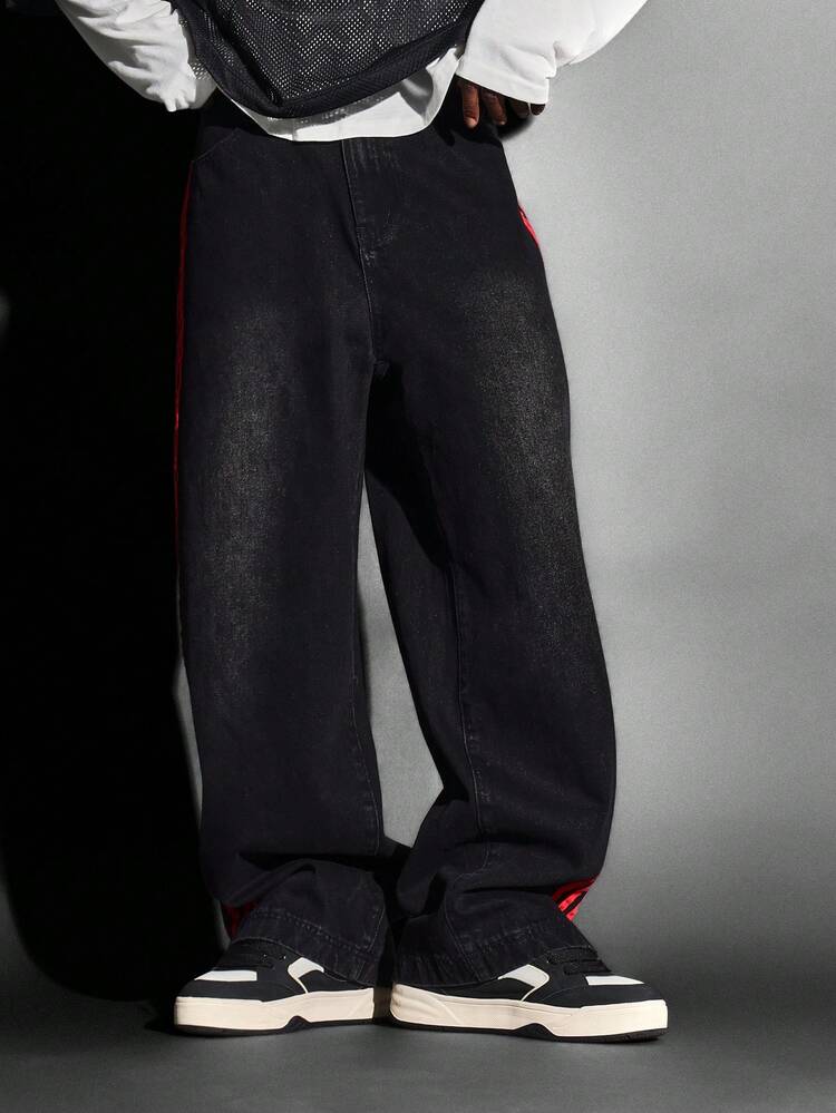 Wide Leg Baggy Denim Jeans With Red Side Stripes