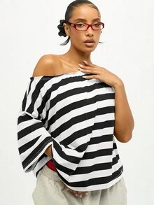 SUMWON WOMEN Off Shoulder Striped Top Oversized Casual Loose Fit Statement Sleeve Side Twist Detail Crop Design Street Style Everyday Wear - Black and White - View 4