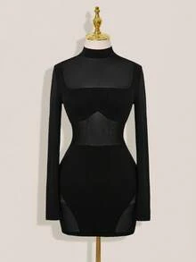 SHEIN ICON Mesh Patchwork Sheer Ruched Long Sleeve Mini Dress