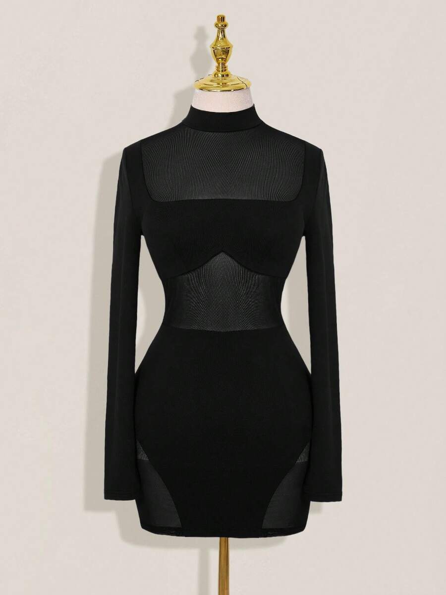 SHEIN ICON Mesh Patchwork Sheer Ruched Long Sleeve Mini Dress