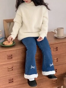 DAZY 女童保暖蝴蝶印花牛仔裤，年轻女孩秋装 - 藍色 - 查看 4