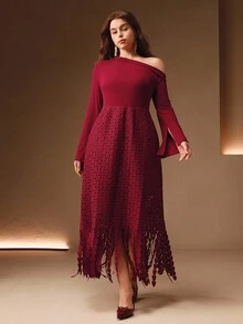 Anewsta 大码女式勃艮第红色圣诞针织不对称肩部设计拼接蕾丝修身高腰连衣裙，秋冬 - 酒紅色 - 查看 4