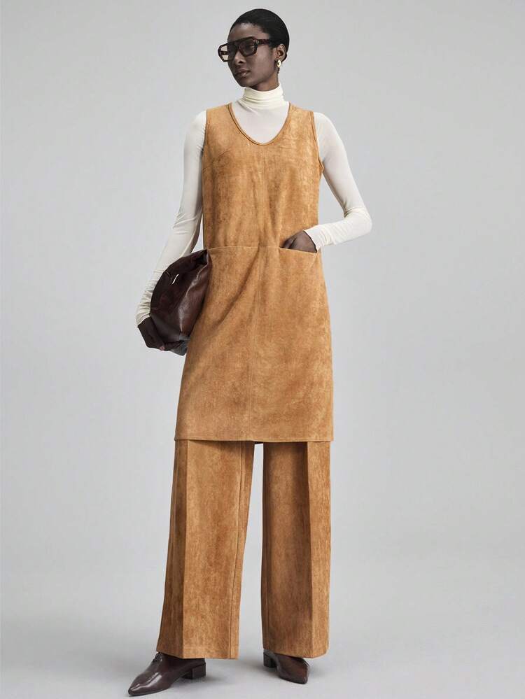 2025 Women's Suede Fabric H-Line Dress,Shades Of Brown,Summer,90s Retro,Everyday,Elegant Wedding Guest,Church,Business Casual Commuter,Ripped Pocket