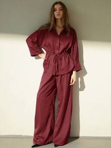 Aveloria Modichic 2 件女式条纹咖啡色狩猎风格服装，宽松休闲长袖衬衫，抽绳领和直筒裤，秋冬 - 酒紅色 - 查看 2