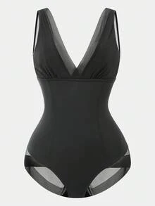 SuitURBody 1pc Women's Mesh Patchwork V-Neck Shapewear Bodysuit - Black - View 7