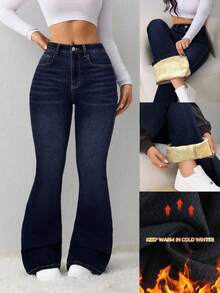 SHEIN Tall 女士牛仔裤 休闲紧身弹力喇叭裤 黑色天鹅绒牛仔裤 冬季牛仔裤 保暖牛仔泰迪 牛仔泰迪保暖毛绒泰迪打底裤 女士牛仔裤 黑色牛仔裤 羊毛 冬季女装 保暖 - 深色水洗藍 - 查看 6