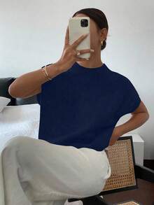 Siren Gaze 女式法式休闲短袖针织上衣，秋冬海军蓝 - 寶藍色 - 查看 5