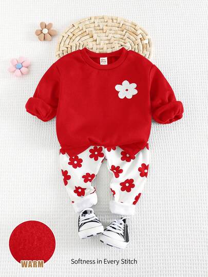 Cozy Pixies 2 pièces Ensemble de Sweat-shirt-shirt à col ras-du-cou à manches longues et pantalon imprimé floral pour bébé fille