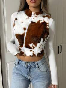 SHEIN EZwear 女式杏色豹纹羊毛无袖拉链夹克，秋季 - 杏色 - 查看 4