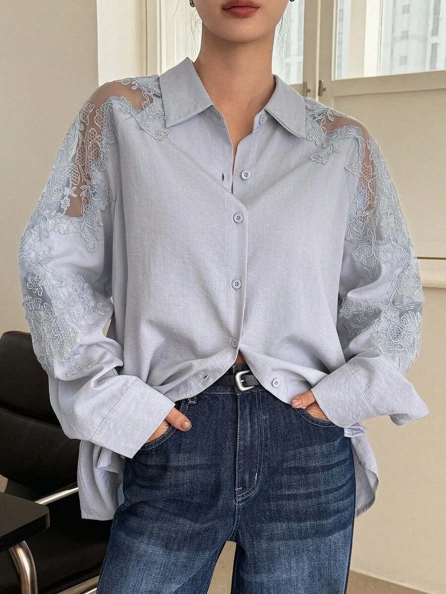 DAZY Women's Floral Patchwork Loose Long Sleeve Casual Elegant Urban Casual Shirt Fall - Blue - View 1