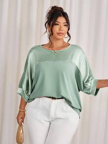 Cravure Plus Size Round Neck 3/4 Sleeve Metallic Fabric Patchwork Contrast Color Woven Fabric Cuff Raglan Sleeve Casual Outgoing Holiday Commute Party Pullover Shirt - Mint Green - View 1