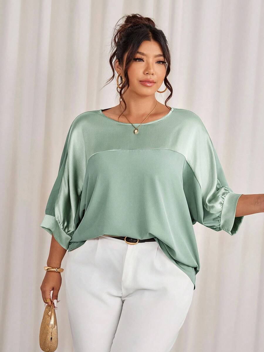 Cravure Plus Size Round Neck 3/4 Sleeve Metallic Fabric Patchwork Contrast Color Woven Fabric Cuff Raglan Sleeve Casual Outgoing Holiday Commute Party Pullover Shirt - Mint Green - View 1