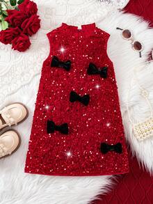 SHEIN 年轻女孩优雅可爱的天鹅绒亮片刺绣无袖连衣裙 - 紅色 - 查看 2