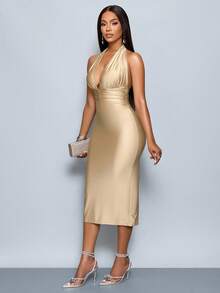 SOLERSUN Sexy Women's Deep V-Neck Halter Sleeveless Dress Maxi Women Outfit - Apricot - View 4