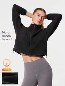 GLOWMODE 薄款摇粒绒宽松短款抽绳长袖夹克 - 黑色 - 查看 1