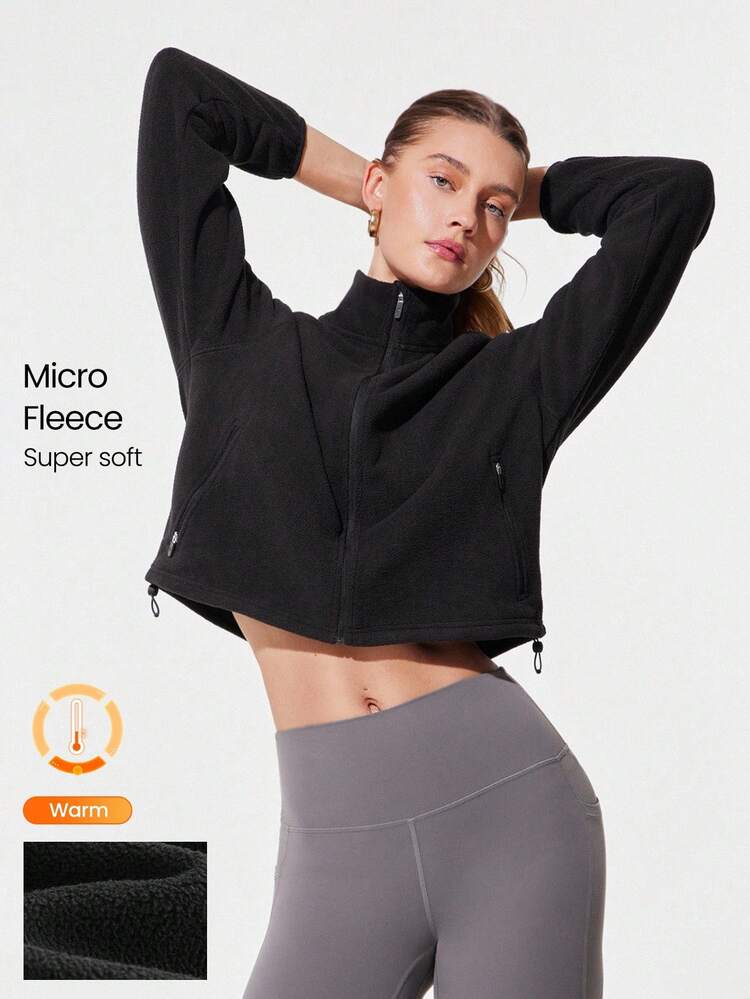 Thin Polar Fleece Loose-Fit Cropped Drawstring Long Sleeve Jacket