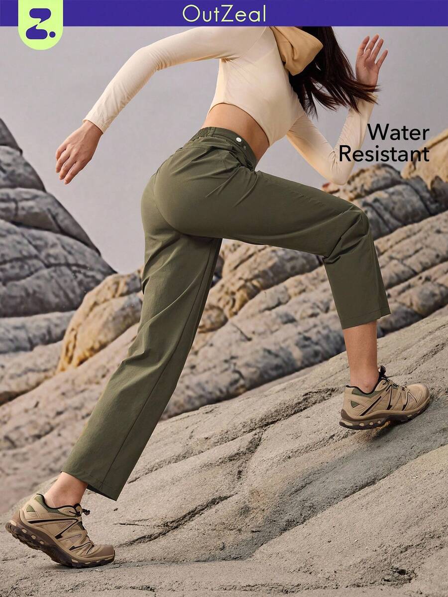 OutZeal 女士防水弹力可调节腰带贴袋户外裤，适合徒步露营，秋冬季穿着 - 綠色 - 查看 1