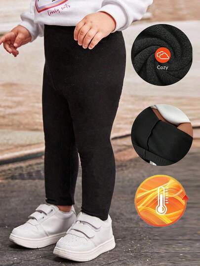 SHEIN Svarta stickade leggings med termofoder för unga flickor, vardagligt mode, mångsidigt ytterplagg