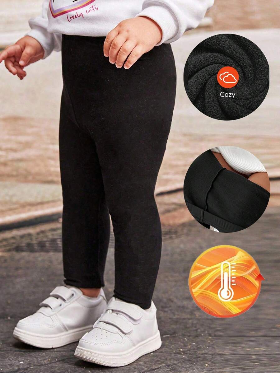SHEIN Young Girls Thermal Lined Black Knit Leggings, Casual Daily Fashion Versatile Outer Wear Fall Winter - Black - View 1