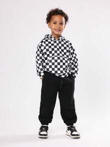SUMWON Kids Checkerboard Pattern Hoodie And Jogger Set Fall Winter Matching Outfit With Drawstring Centre Pocket Casual Streetwear - Black - View 1