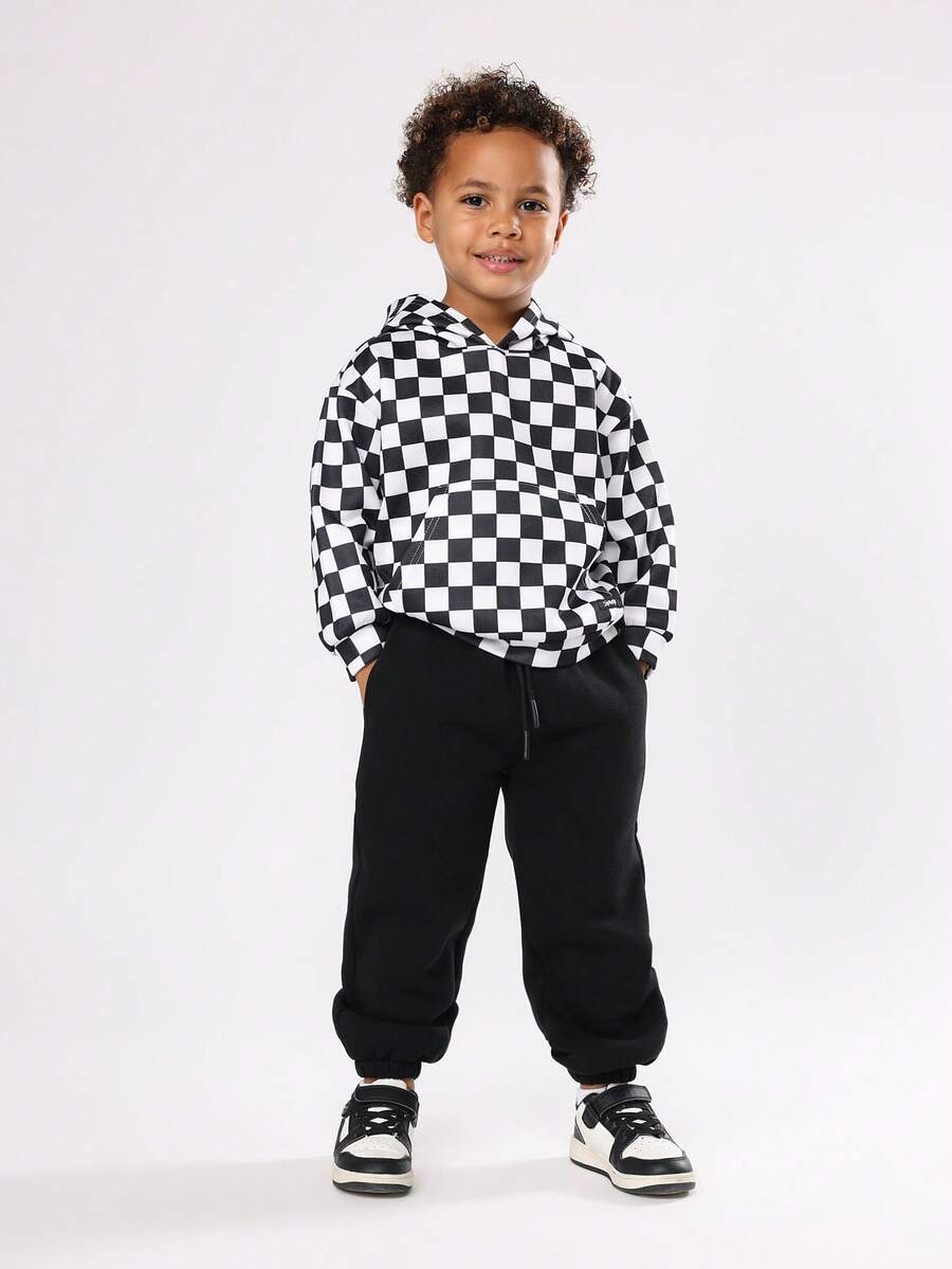 SUMWON Kids Checkerboard Pattern Hoodie And Jogger Set Fall Winter Matching Outfit With Drawstring Centre Pocket Casual Streetwear - Black - View 1