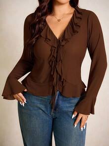 Elaquor 大码女式优雅纯色荷叶边喇叭袖上衣 - 咖啡棕 - 查看 4