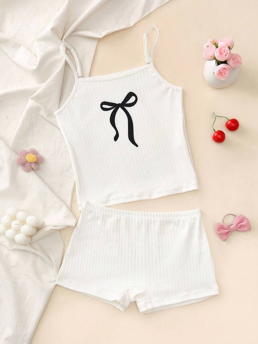 Set de 2 piezas de ropa interior cómoda y casual con lazo de niñas y adolescentes, de tela acanalada - Blanco - Ver 1