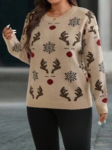 EMERY ROSE Plus Size Women's Christmas Party Snowflake Knit Sweater Top - Multicolor - View 6