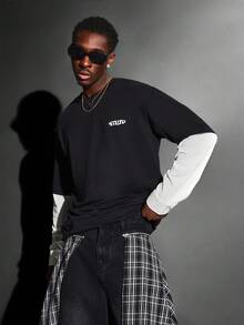 SUMWON 越野摩托车图案印花双层长袖 T 恤圆领赛车街头服饰摩托车俱乐部设计秋冬休闲装 - 黑色 - 查看 2