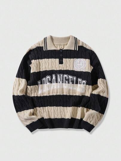 Street Life Men's Contrast Prep Color Jacquard Knit Sweater With Turndown Collar, Long Sleeve, Fall/Winter