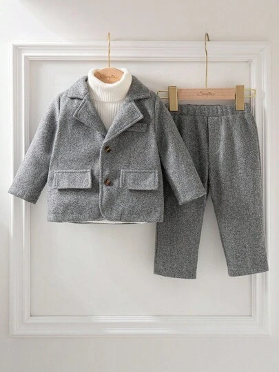 Souflis Souflis 2-Piece Toddler Boys Elegant Floral Gray Suit Jacket & Thick Pants Set, Fashionable Outfit For Birthday, Party, Wedding And Various Occasions Fall Winter