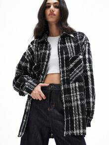 French/European Style Casual Loose Fit Colorblock Plaid Lapel Long Sleeve Woven Shacket - Multicolor - View 3