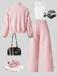 SHEIN 3 件套女童服装 - 黑色蝴蝶结拉链夹克，白色交叉带背心，蝴蝶结阔腿裤，适合外出、度假、玩耍、返校 - 藕粉色 - 查看 2