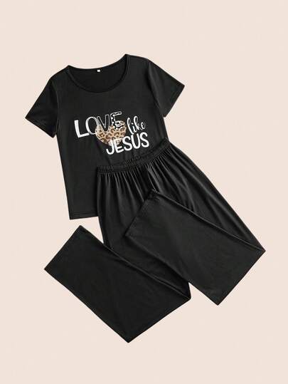 Manfinity Underwear&Sleepwear Basics Conjunto de pijama de verano con top de manga corta y pantalones con estampado de letras, informal para mujer