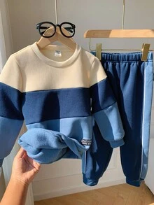 2pcs/Set Young Boy Blue Thick Thermal Lined Color Block Patchwork Crew Neck Long Sleeve Hoodie And Jogger Pants Tracksuit Set, Autumn/Winter Fall