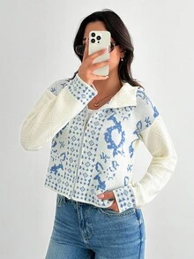 SHEIN Tall Suéter de cuello alto tipo cárdigan de talla pequeña para vacaciones, blanco, manga larga, otoño/invierno - Albaricoque - Ver 5