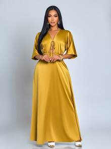 SOLERSUN Women's Mustard Yellow Summer Elegant Party Night Satin Long Dress,Old Money Minimalist V Neck Glossy Banquet Gala Prom Outing Clothing For Ladies - Mustard Yellow - View 4