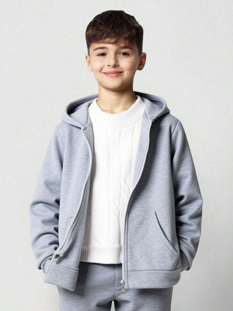 SHEIN Young Boys Casual Jacket Wtt Official Website, Boys' Winter Coat, Hooded Zip-Up Sweatshirt, School, Basic Tops, Winter Tops, Suitable For Spring, Summer, Autumn, Winter School, Garden, Beach, Birthday Fall - Grey - View 1