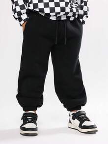 SUMWON Kids Checkerboard Pattern Hoodie And Jogger Set Fall Winter Matching Outfit With Drawstring Centre Pocket Casual Streetwear - Black - View 4