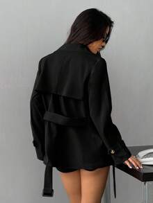 SHEIN PETITE 女式纯色翻领长袖双排扣休闲风衣，秋季 - 黑色 - 查看 2