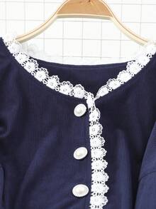 DreamSkyne Vestido de manga larga con botones y ribete de encaje para tallas grandes - Azul Marino - Ver 4