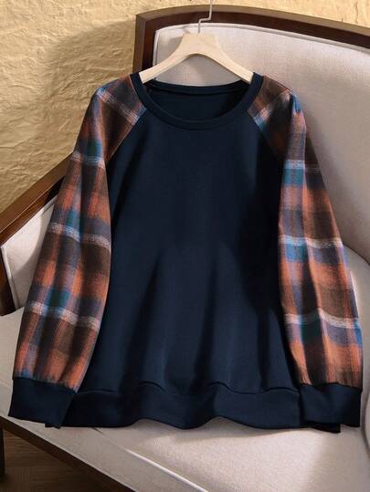 EMERY ROSE Plus Size Women Patchwork Plaid Raglan Sleeve Crew Neck Casual Loose Sweatshirt