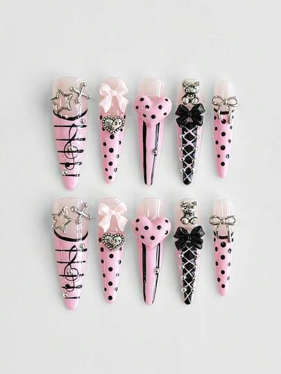 Anime 10pcs Cute Bowknot Music Note Star Element High Quality Handmade False Nails + 3pcs Double-Sided Adhesive, Y2K French Style Rhinestone Chain Polka Dot Removable Nail Art Stickers, Suitable For Holidays, Parties, Dancing And Daily Wear