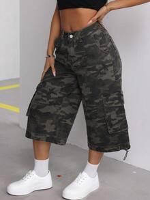 SHEIN ICON 女性偏好迷彩花紋休閒牛仔褲，附帶口袋，夏季適用 - 軍綠色 - 查看 6