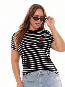 Solavibe Plus Striped Heart Embroidery Detail Tee, Summer/Valentine's Day - Black - View 1