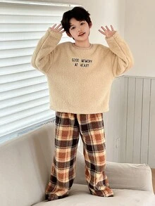 DAZY 两件套男童抓绒圆领字母刺绣卫衣和长裤家居服套装，秋冬款 - 卡其色 - 查看 4