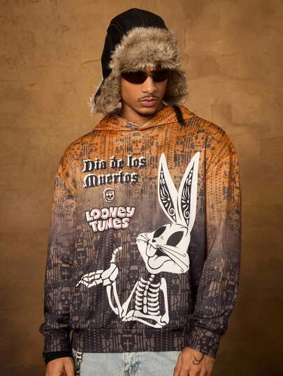 LOONEY TUNES X SHEIN Men's Ombre Skull & Letter Graphic Hoodie Sweatshirt Day Of Dead, Fall