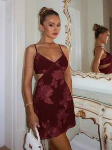 SHEIN PETITE Đầm nữ cổ chữ V khoét eo lãng mạn thanh lịch - Màu Đỏ Sâu - Xem 4