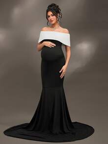 Cheriluna Maternity Váy chụp ảnh bầu cho tiệc chào đón em bé/Váy dự tiệc thanh lịch - Đen và trắng - Xem 5