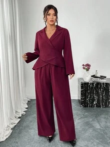 Firerie 大码女式纯色翻领长袖时尚百搭西装套装 - 酒紅色 - 查看 3